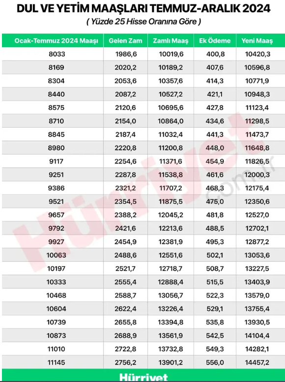 2024 Dul ve Yetim Maaşı Zammı Hesaplama Detayları