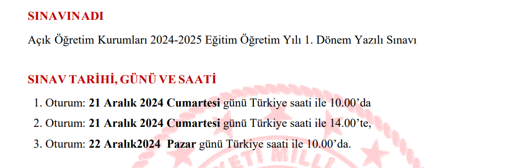 Açık Öğretim Lisesi 1. Dönem Sınav Programı ve Kayıt Bilgileri
